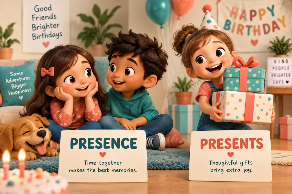 Presence means being there; presents can mean gifts.