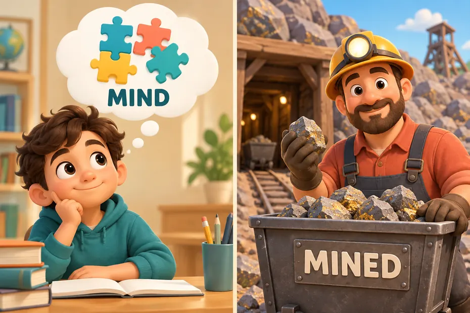 Mind can concern thought; mined is a form of mine.