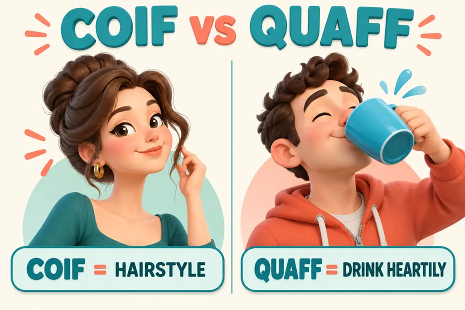 Coif means hairstyle; quaff means drink heartily.