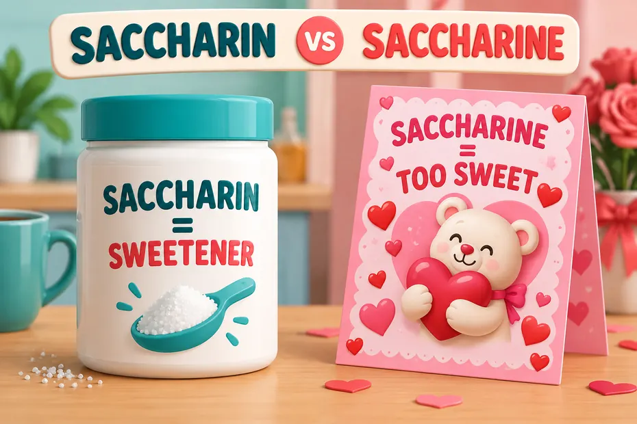 Saccharin names a sweetener; saccharine can mean overly sentimental.