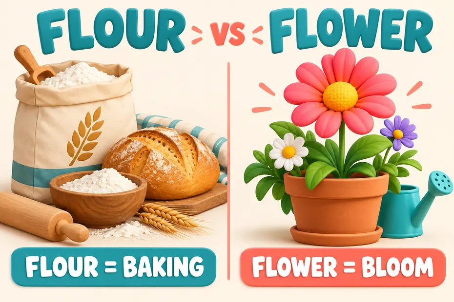 Flour is a milled baking ingredient; flower names a bloom.