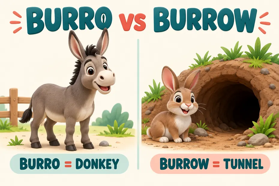 Burro means donkey; burrow means animal tunnel or shelter.