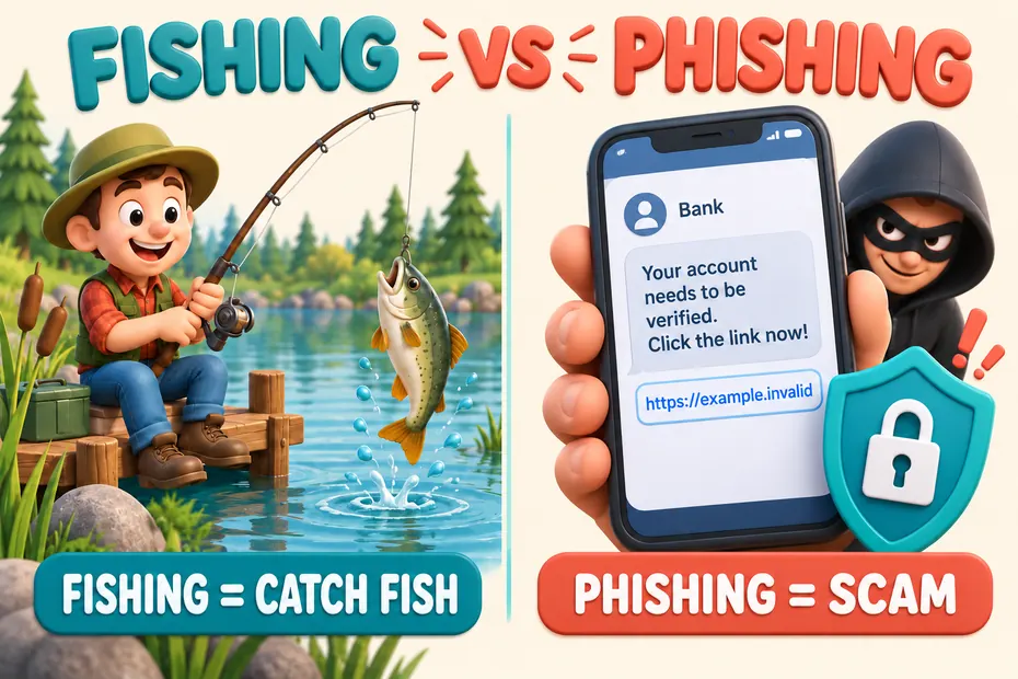 Fishing means catching fish; phishing is deceptive information gathering.