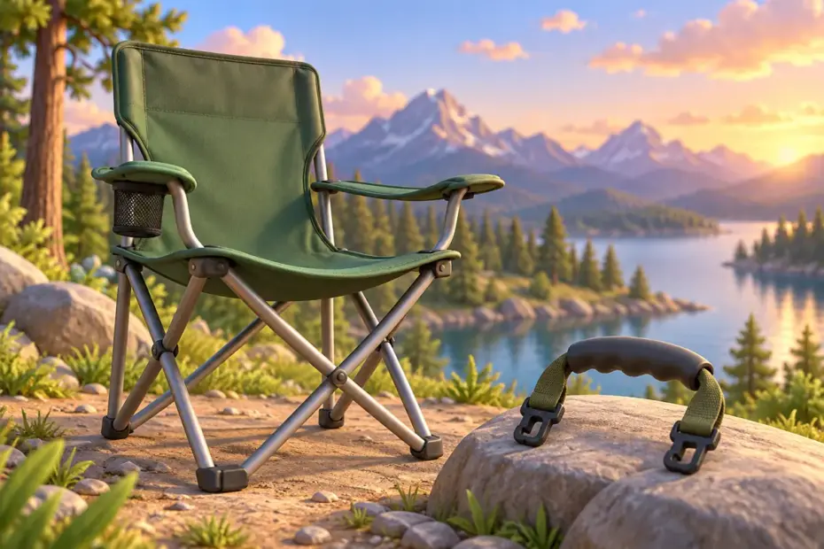 A folding chair stands beside a removable carrying handle.