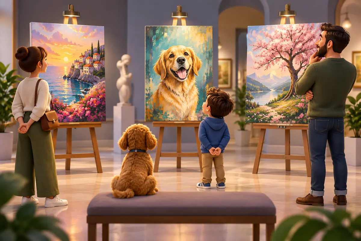 A gallery displays three original paintings on easels.