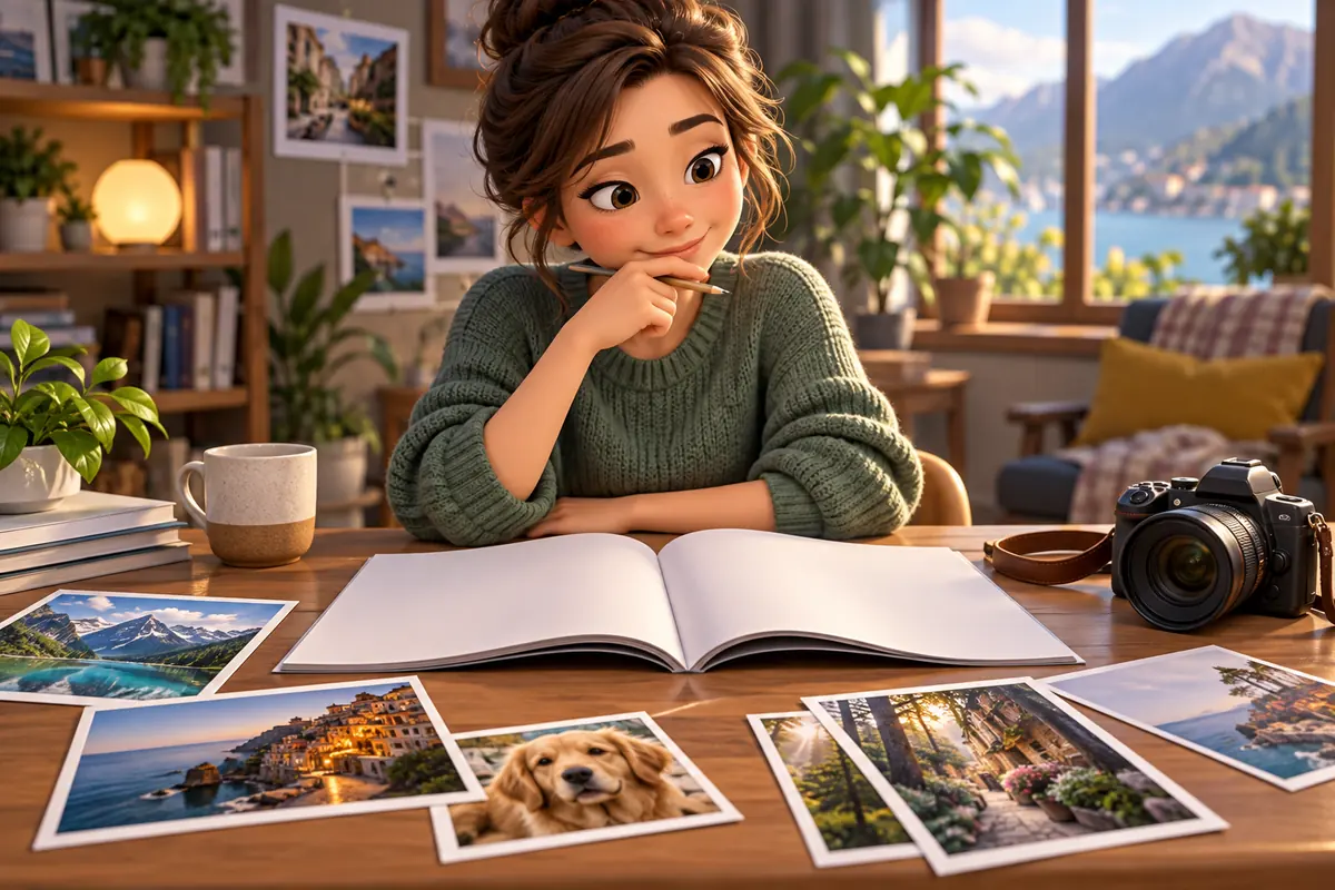 A writer studies a blank magazine spread beside photographs.