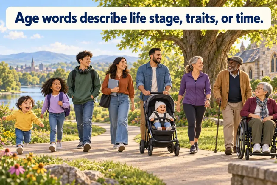 People at several life stages walk beneath a tree; the image says age words describe life stage, traits, or time.
