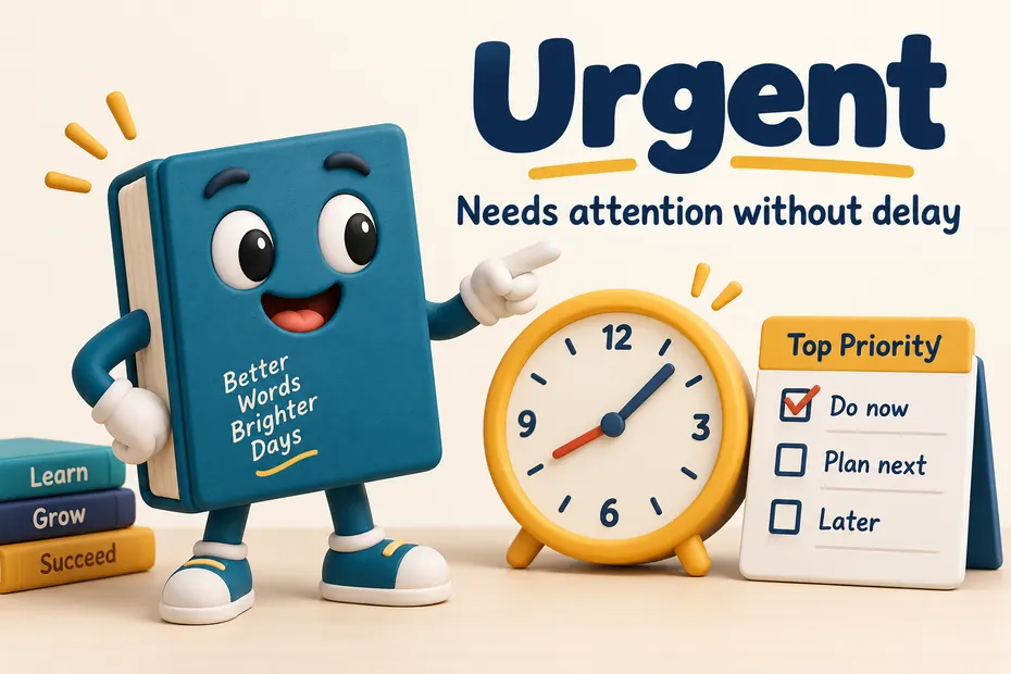 A book mascot shows urgent means needing attention without delay, beside a clock and priority list.