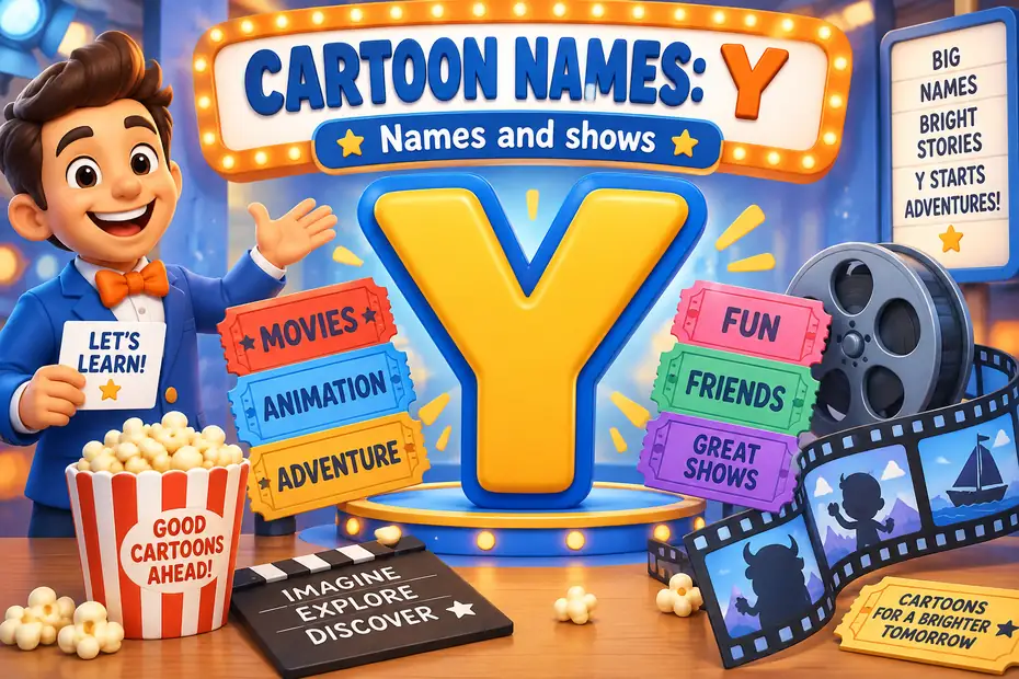 Letter Y cartoon character name guide with animated film props