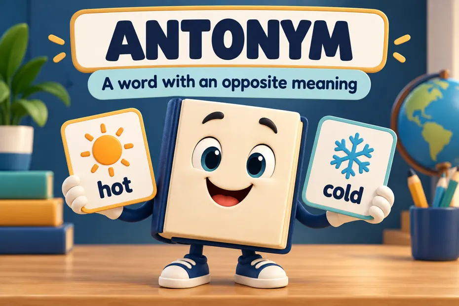 Book mascot holds hot and cold vocabulary cards.