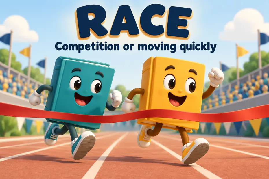 Two book mascots run toward a finish ribbon.