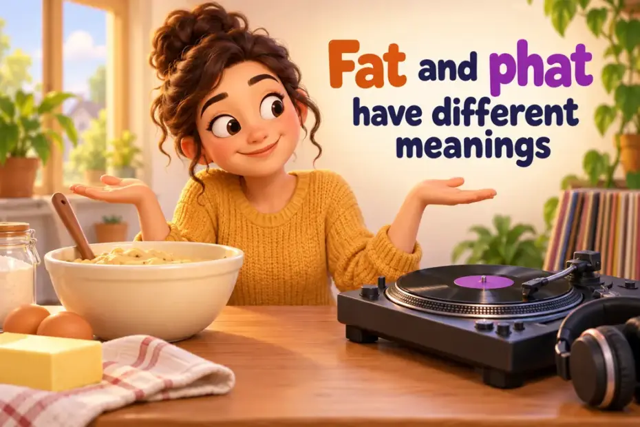 Fat and phat have different meanings; a playful illustration demonstrates the spelling and register distinction.