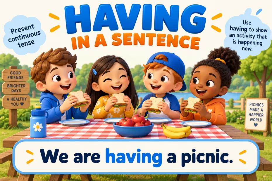 Children having a picnic with a complete having sentence