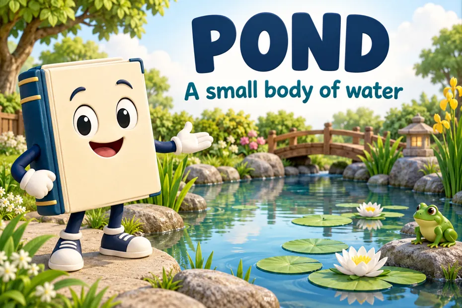 Book mascot beside a small garden pond.