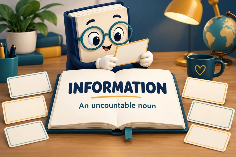 Book mascot reads reference cards beside an open notebook.