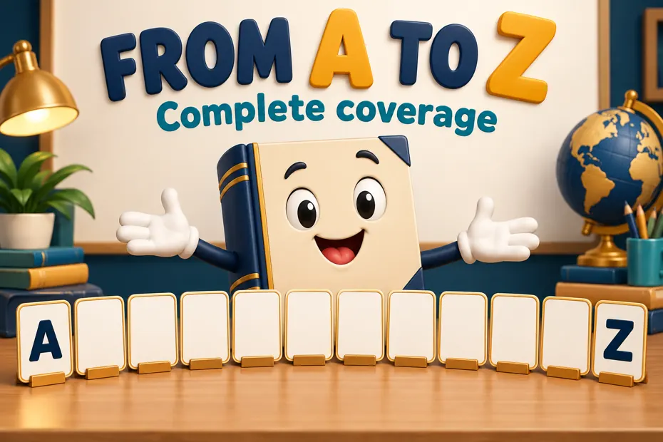 Book mascot displays a row of cards from A to Z.