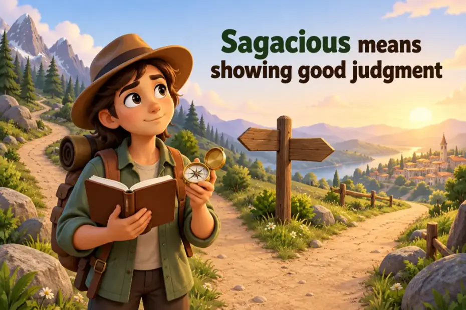 Sagacious means showing good judgment; a playful teaching illustration shows thoughtful judgment.