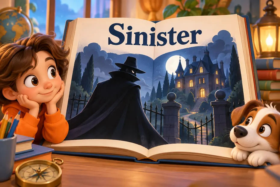 Storybook villain and mysterious mansion illustrating sinister