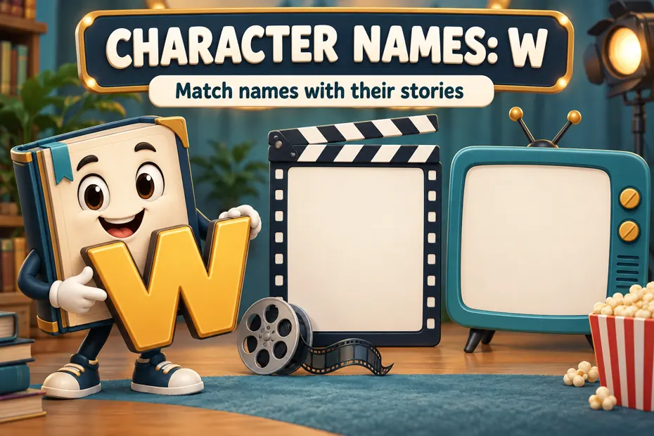 Book mascot matches W character names to film and television references.