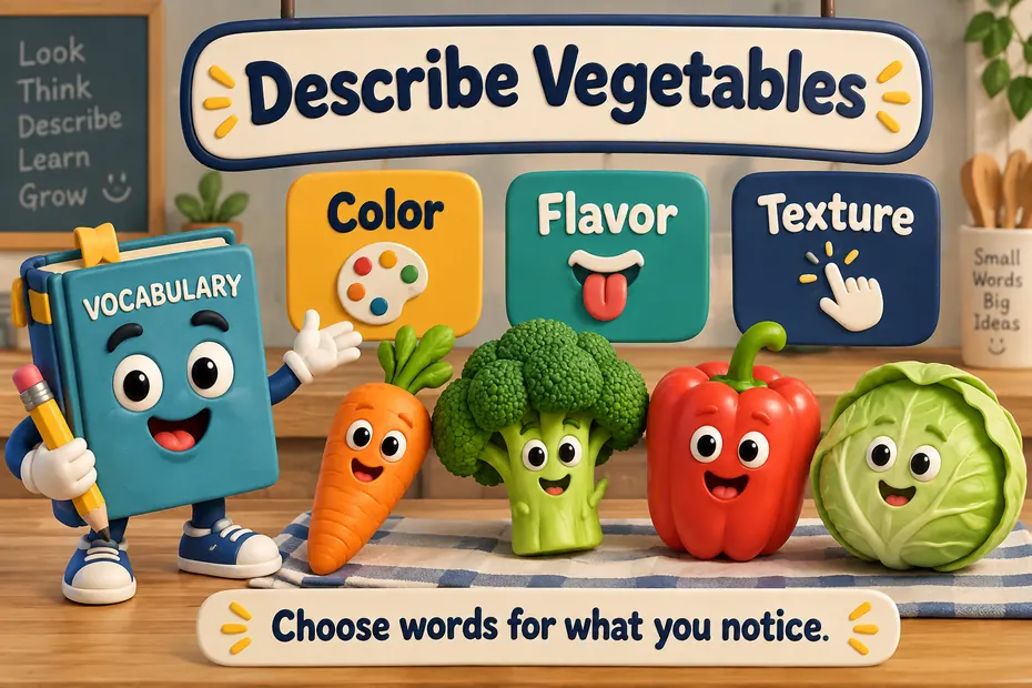 A book mascot groups vegetable descriptions by color, flavor, and texture.