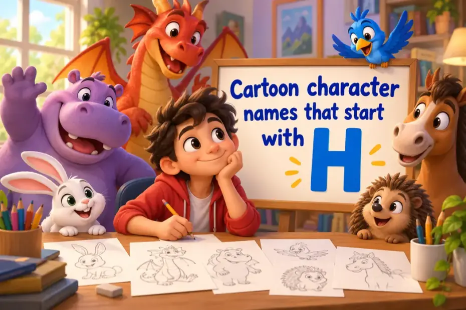 Cartoon character names that start with H; cartoon fans practice a character naming activity.