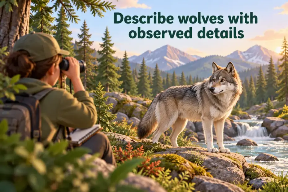 Describe wolves with observed details; a playful wildlife illustration demonstrates careful descriptive writing.