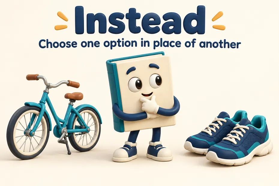 A book mascot chooses between a bicycle and walking shoes to illustrate instead as replacement.