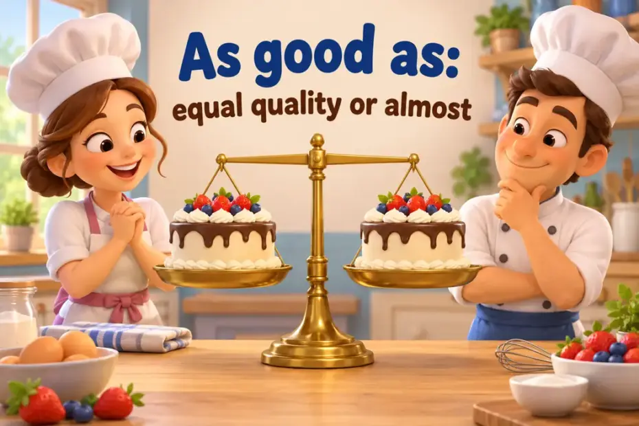 As good as: equal quality or almost; a playful teaching illustration explains this phrase.