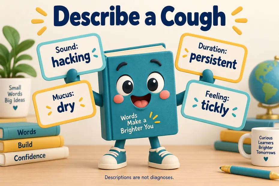 An educational word map groups cough descriptors by sound, mucus, duration, and throat sensation, with dry, hacking, chesty, persistent, and tickly as examples.