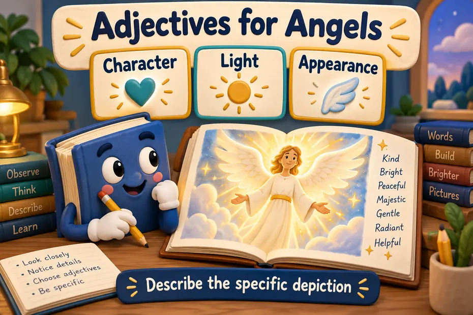 A book mascot groups descriptions of a storybook angel by character, light, and appearance.