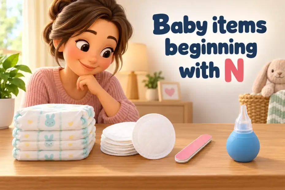 Baby items beginning with N; a caregiver learning illustration shows baby supplies and safe choices.