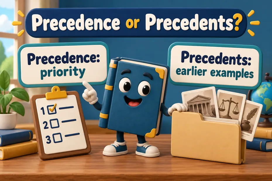 A book mascot compares precedence as priority with precedents as earlier examples.