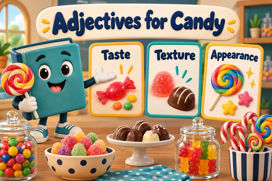 A book mascot groups candy descriptions by taste, texture, and appearance.