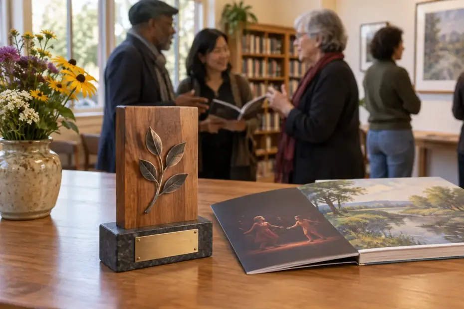 A community award displayed beside a theater program and a museum catalog, illustrating prestige as regard associated with recognized work.