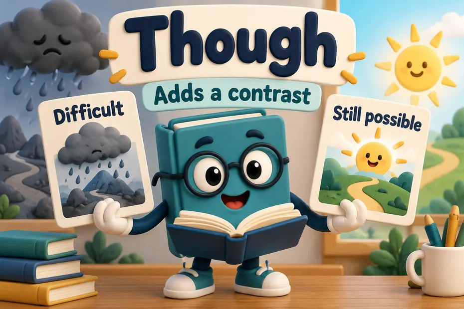 A book mascot illustrates though as adding a contrast, comparing difficult with still possible.