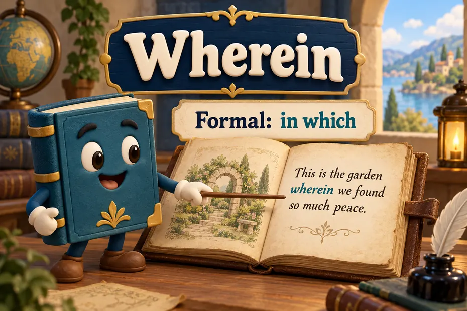 A book mascot shows wherein as a formal way to say in which beside a journal.