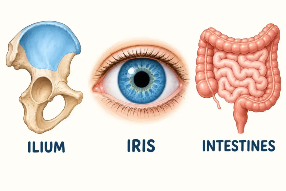 Educational illustration showing an ilium bone, a blue iris around the pupil, and a simplified intestine, labeled with their names.