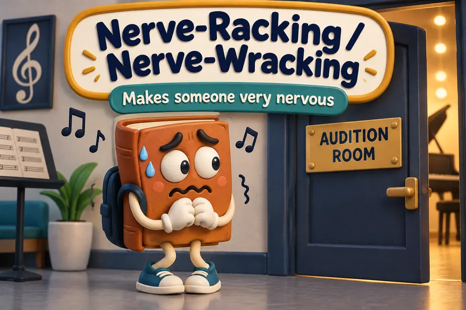 A nervous book mascot waits by an audition room, showing both nerve-racking and nerve-wracking spellings.