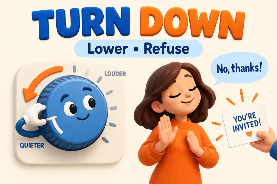 Turn down can mean lower a setting or refuse an offer.