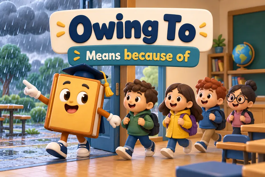 A book mascot moves a class indoors because of rain, illustrating owing to as because of.