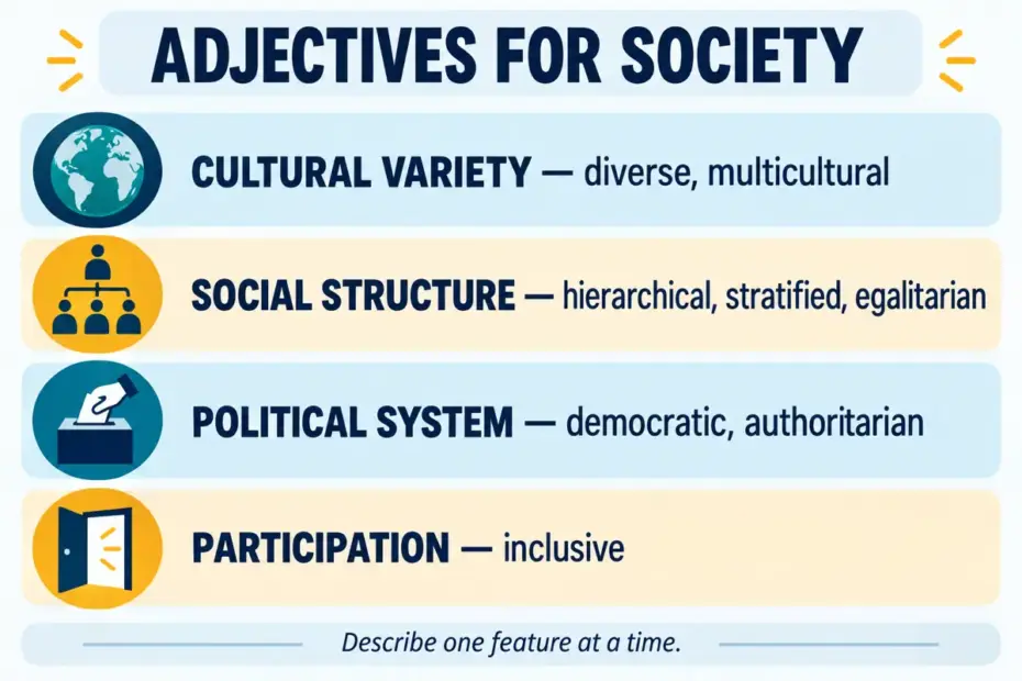 A guide groups society adjectives by cultural variety, social structure, political system, and participation, showing that each word describes a different feature.