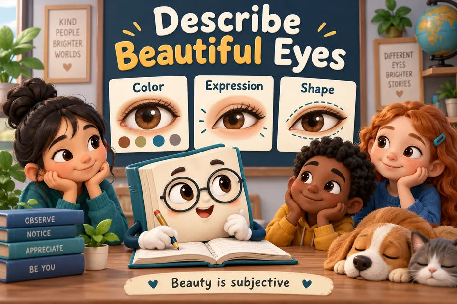 A cheerful book mascot introduces eye descriptions through color, expression, and shape.