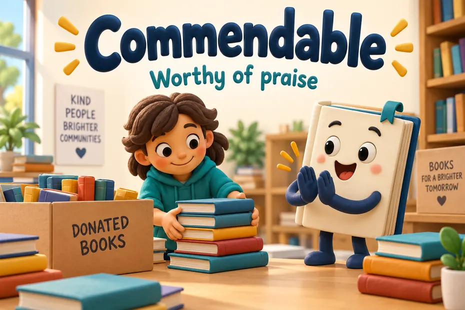 A student organizes donated books while a book mascot applauds, under Commendable: Worthy of praise.