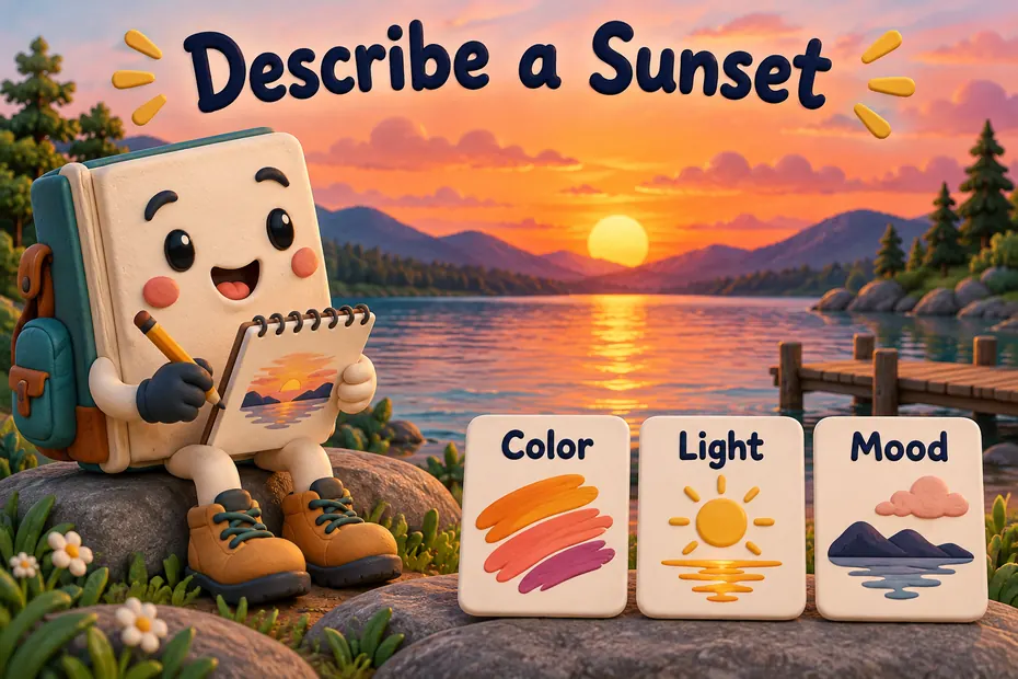 A book mascot sketches a sunset beside a lake with Color, Light, and Mood cards.
