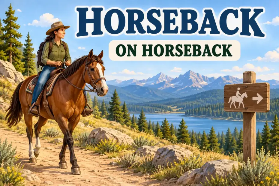 A rider travels on horseback along a trail, illustrating the phrase on horseback without an article before horseback.