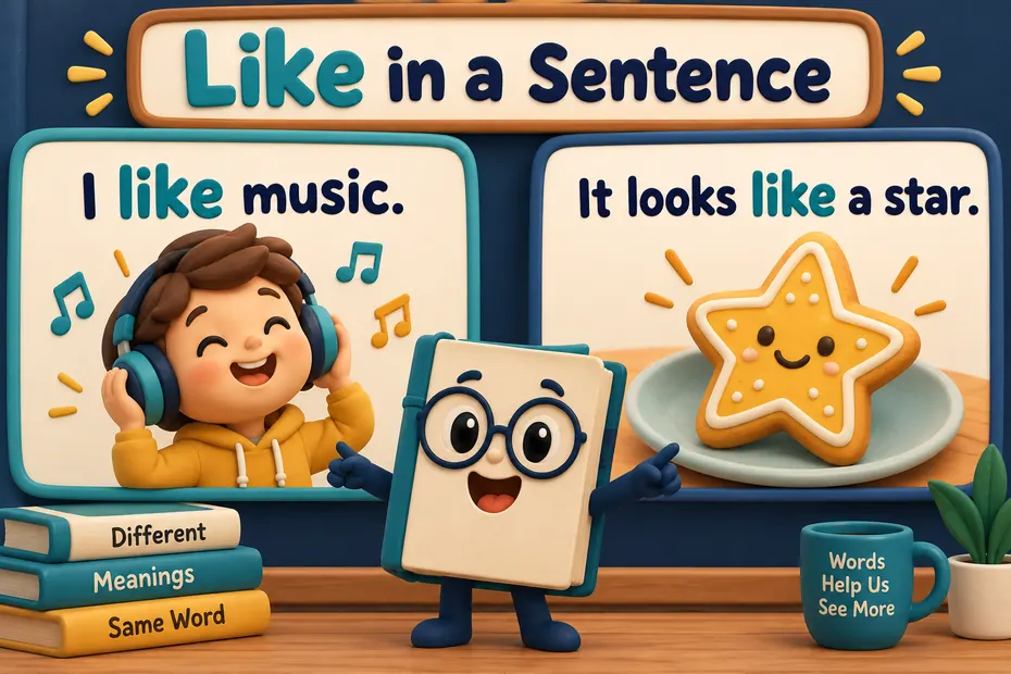 A book mascot contrasts I like music with It looks like a star beside a star-shaped cookie.