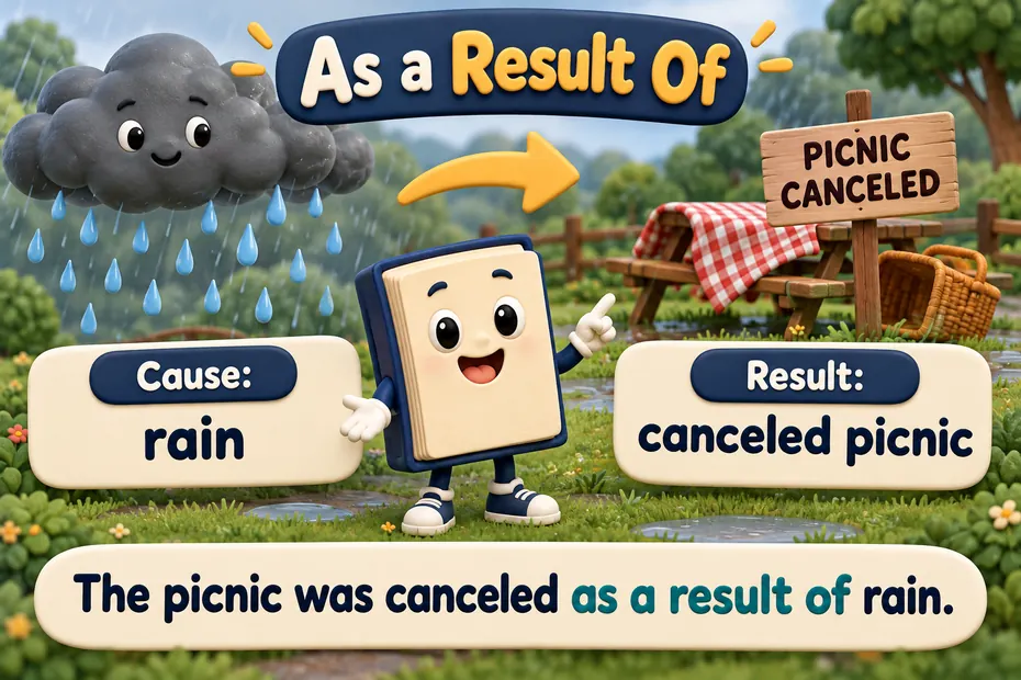A rain cloud points to a canceled picnic with cause and result labels and a matching sentence.