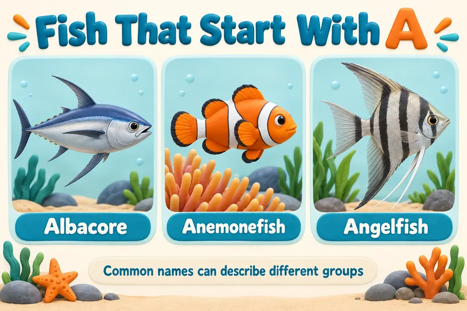 Albacore, anemonefish, and freshwater angelfish illustrate fish names beginning with A