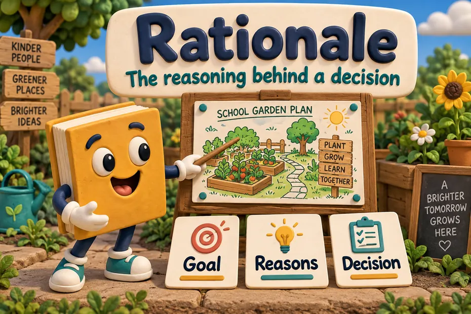 A book mascot shows a school garden plan with Goal, Reasons, and Decision cards under Rationale.