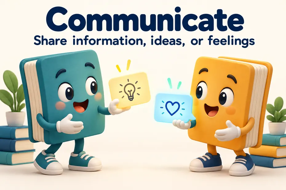 Two book mascots exchange speech cards under Communicate.